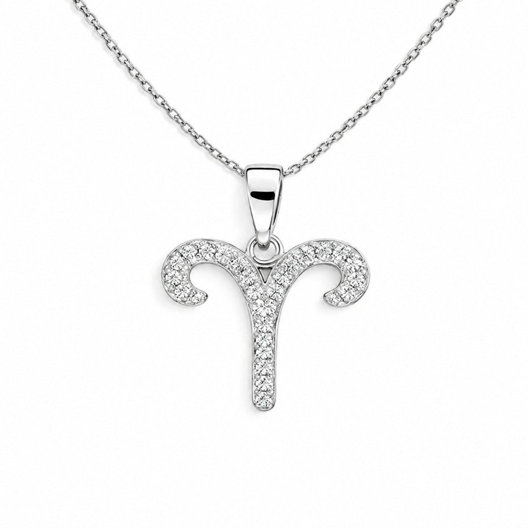 Srebrny wisiorek ze znakiem zodiaku Baran z moissanitami i łańcuszkiem „Aries” - MONOREE