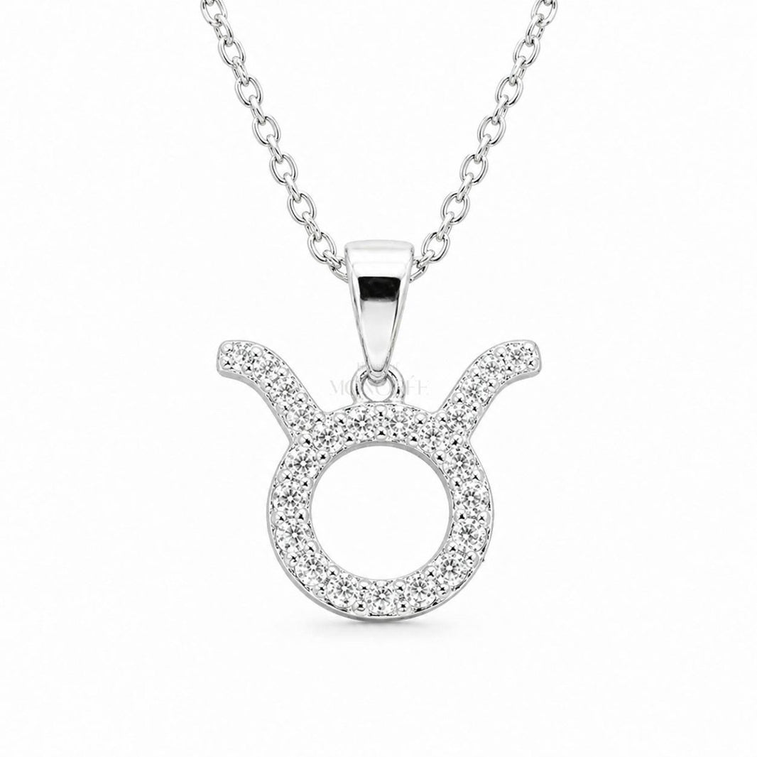 Srebrny wisior ze znakiem zodiaku Byk z moissanitami i łańcuszkiem „Taurus” - MONOREE