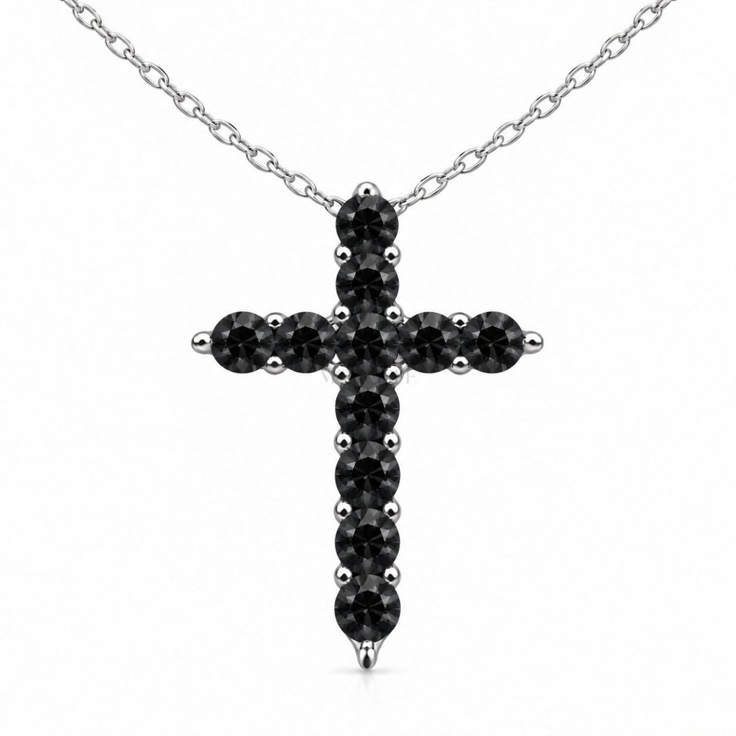 Srebrny krzyżyk z łańcuszkiem i czarnymi moissanitami „Gloria Black” - MONOREE