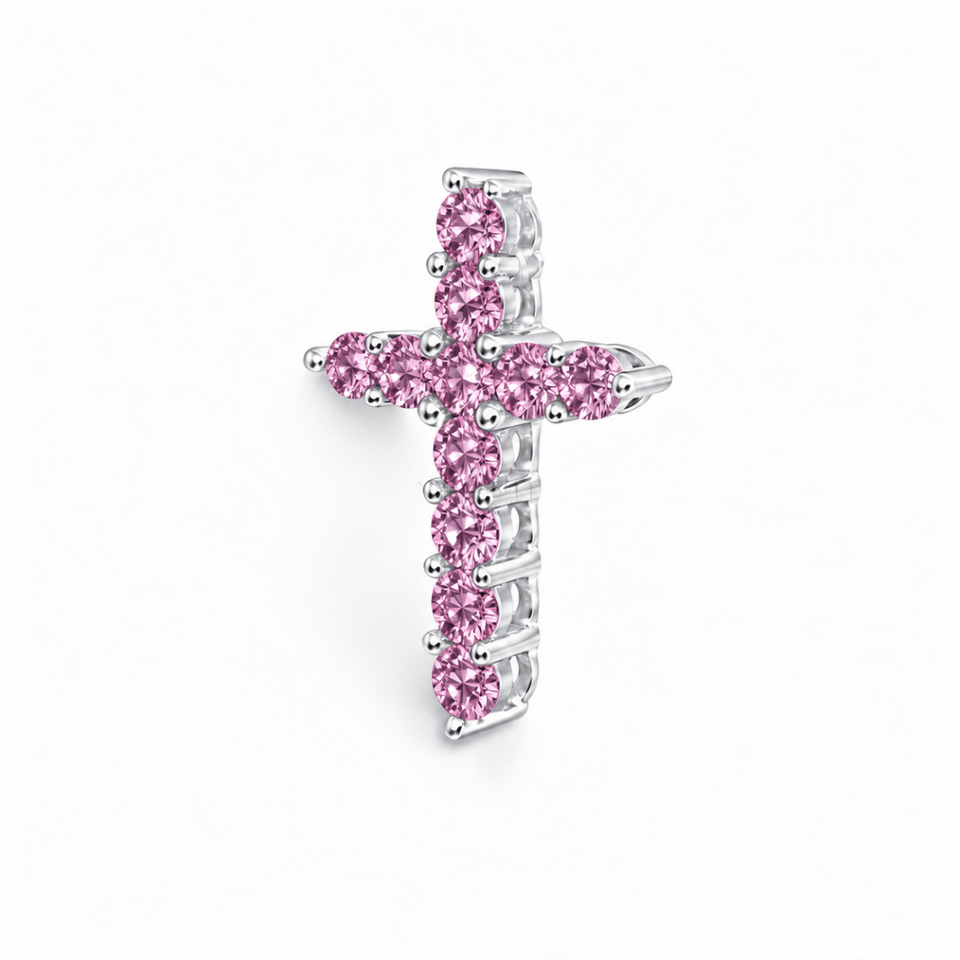 Sidabrinis kryželis su grandinėle ir rožiniais moisanitais „Gloria Pink“ - MONOREE