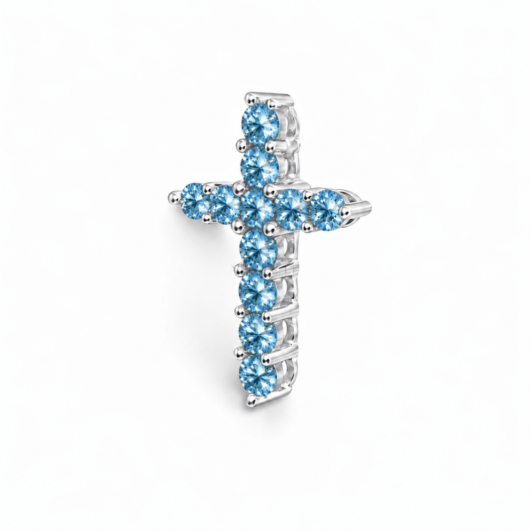 Sidabrinis kryželis su grandinėle ir žydrais moisanitais „Gloria Blue“ - MONOREE