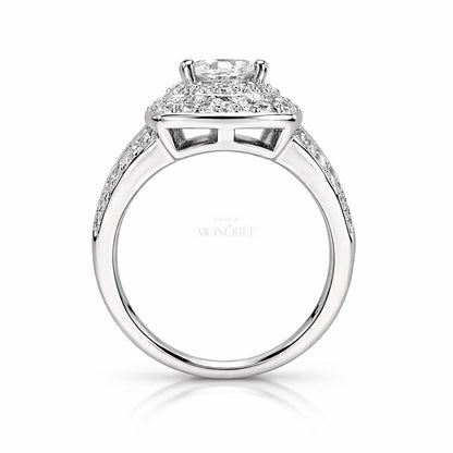 Sidabrinis žiedas su moisanitu „Royal Halo“ – papuošalo detalės iš arti